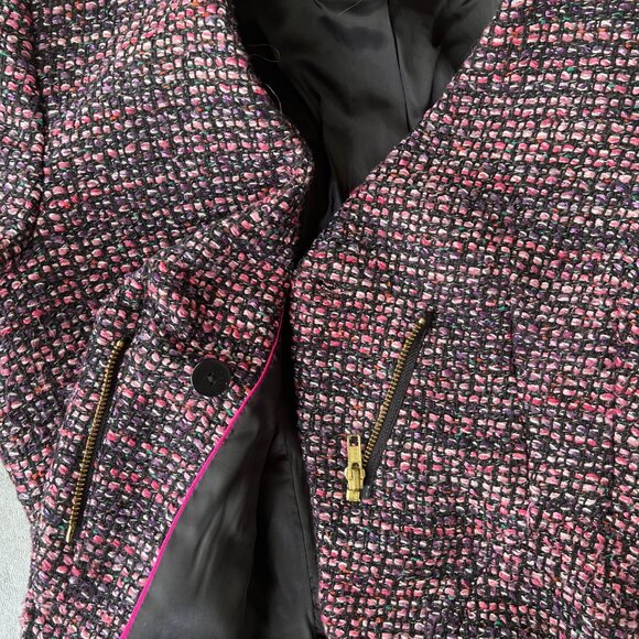 H&M Ladies 10 Med Blazer Wool Blend Fitted V-Neck Crop Zip Jacket Multi Tweed - Picture 7 of 11